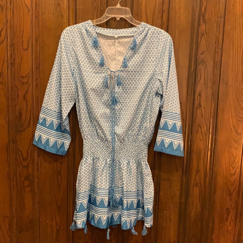 Turquoise & White Dress with Tassels